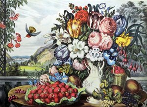 Paesaggio, frutta e fiori